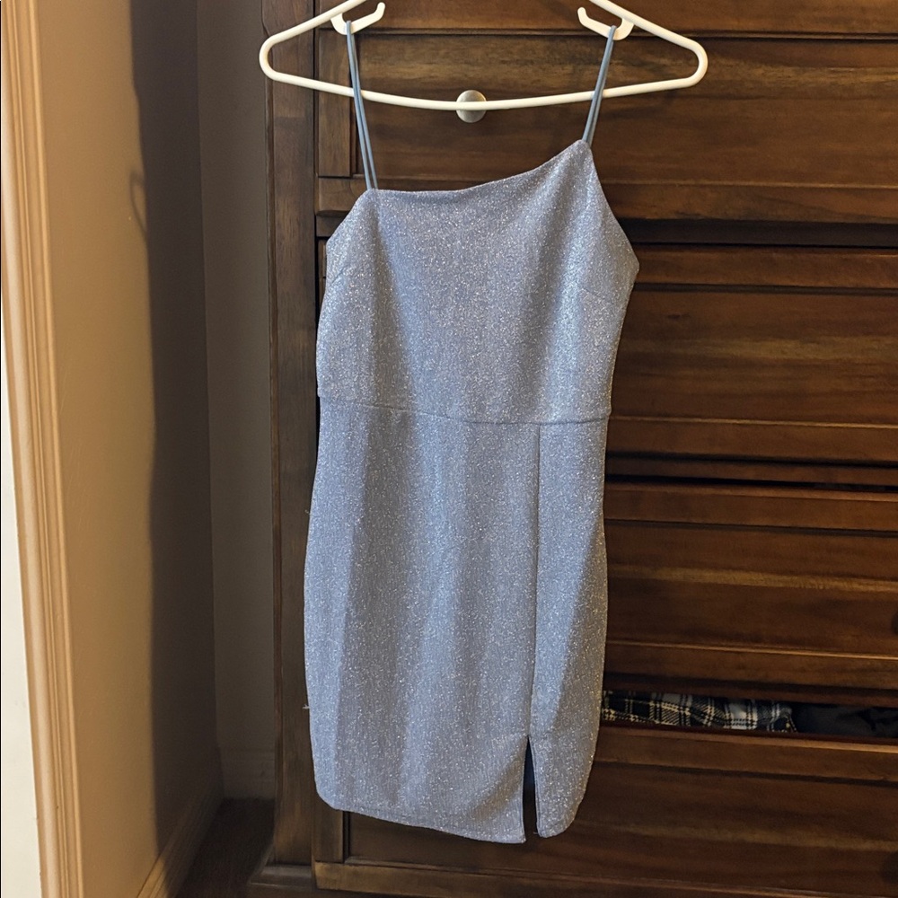 Lulus Take Me Anywhere Blue Sparkly Asymmetrical Bodycon Mini Dress - Size S - Picture 2 of 3